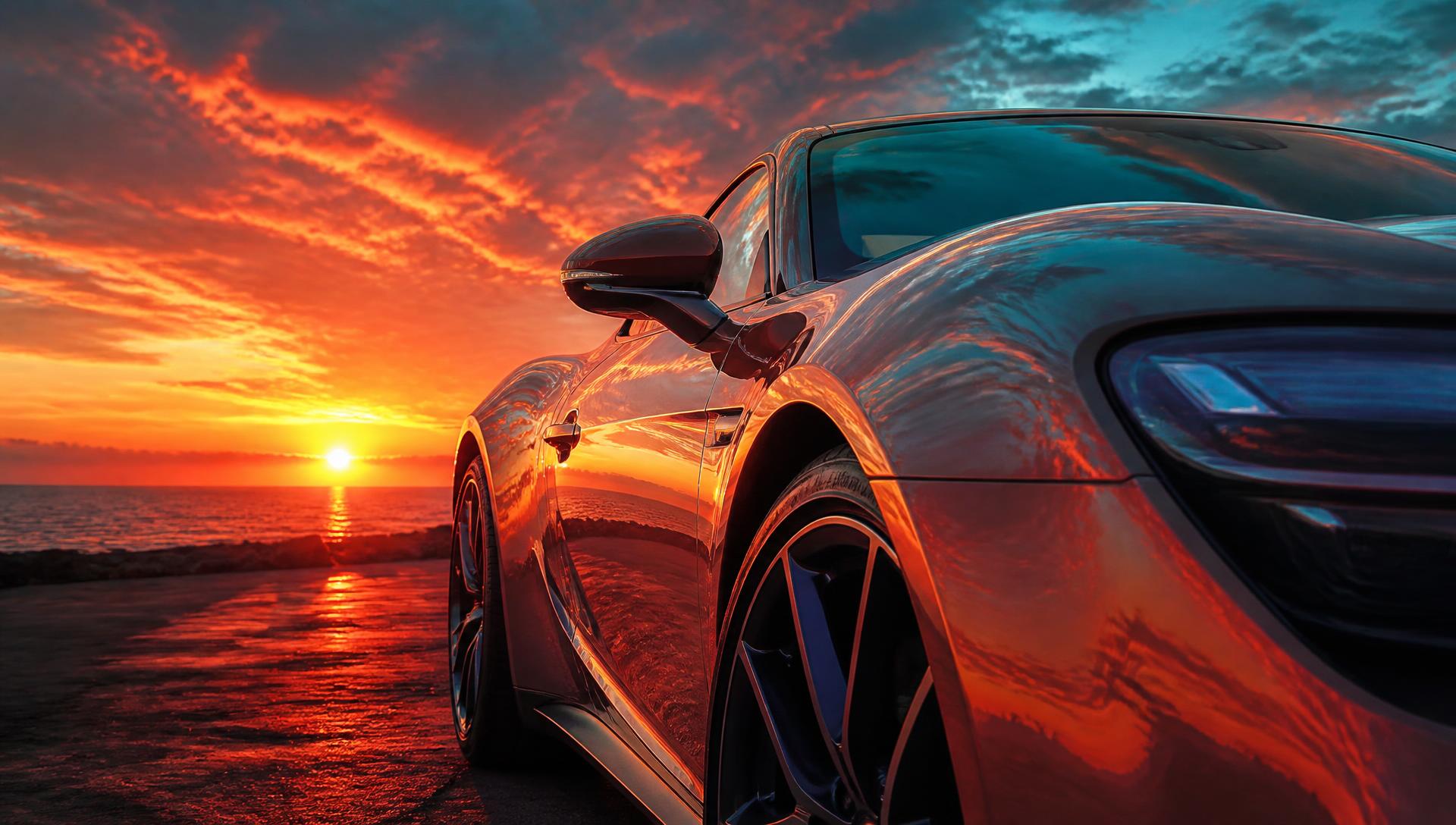 Auto con pintura brillante reflejando un atardecer colorido